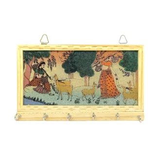 Premium Handcrafted Wooden Key Holder Rajasthani Gemstone Painting, 6 Hooks