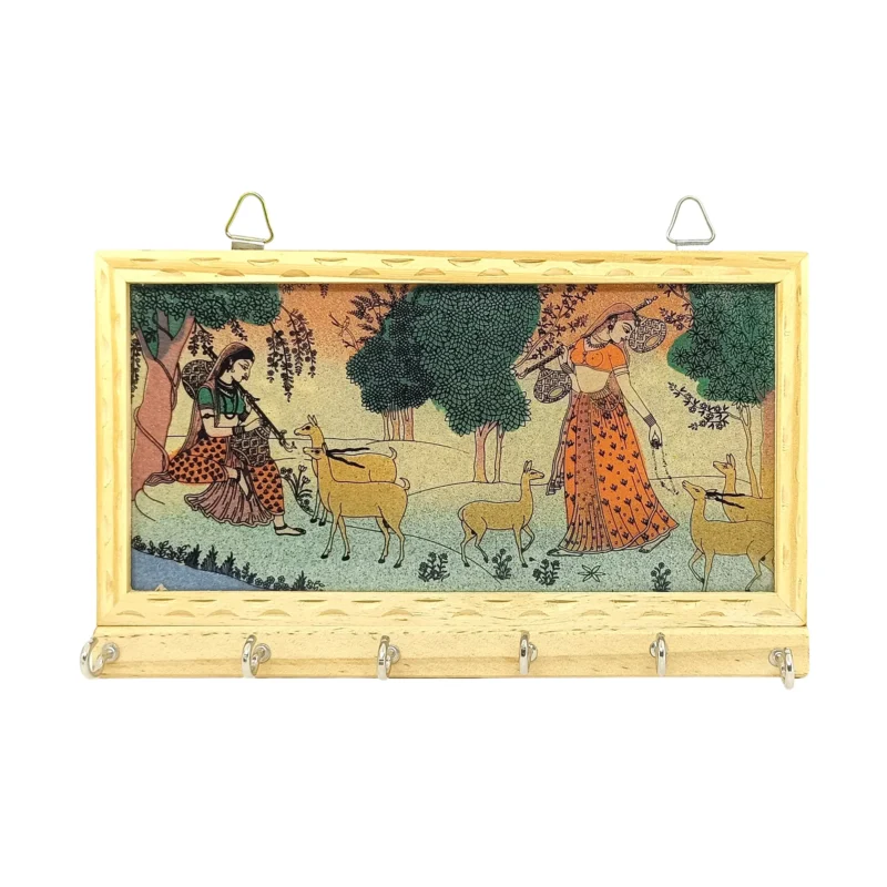 Premium Handcrafted Wooden Key Holder Rajasthani Gemstone Painting, 6 Hooks