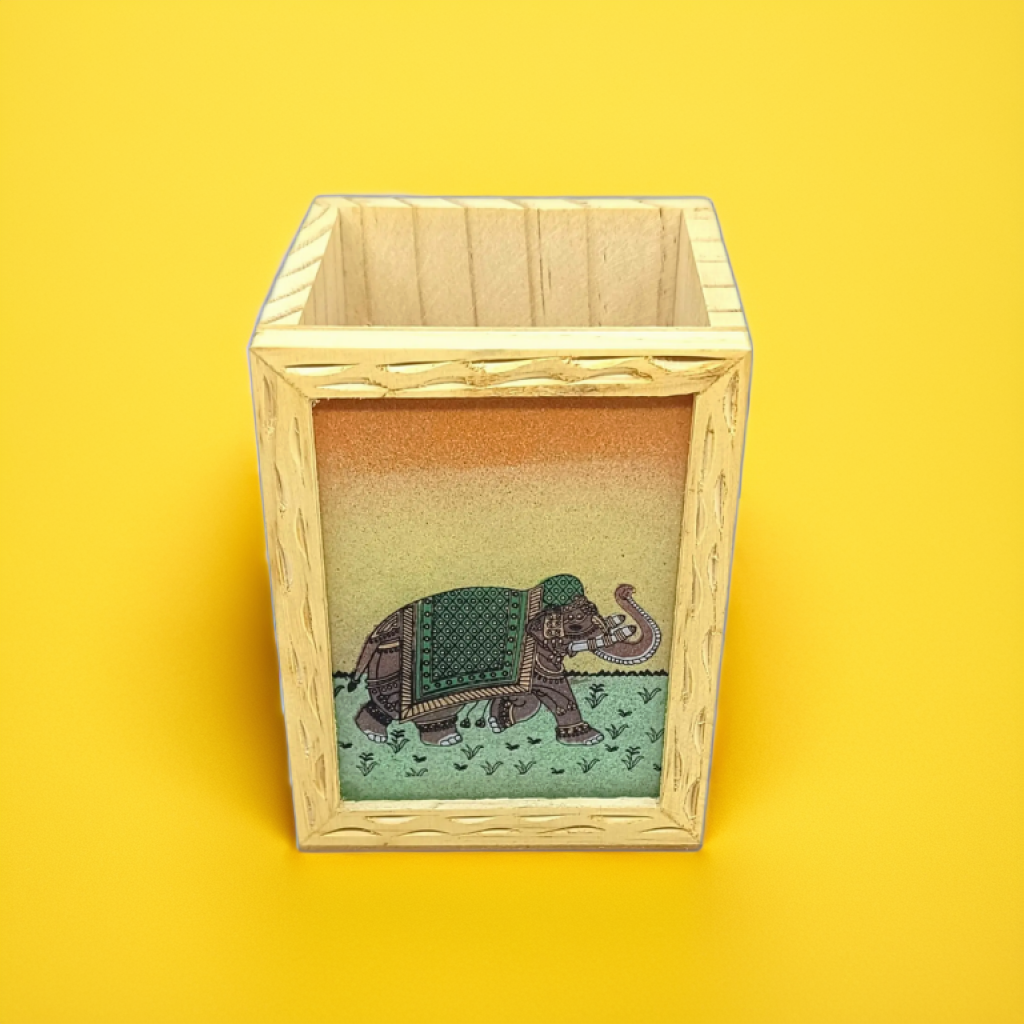download (5) Handmade Wooden Square Pen Stand with Single Side Gemstone Painting Carving